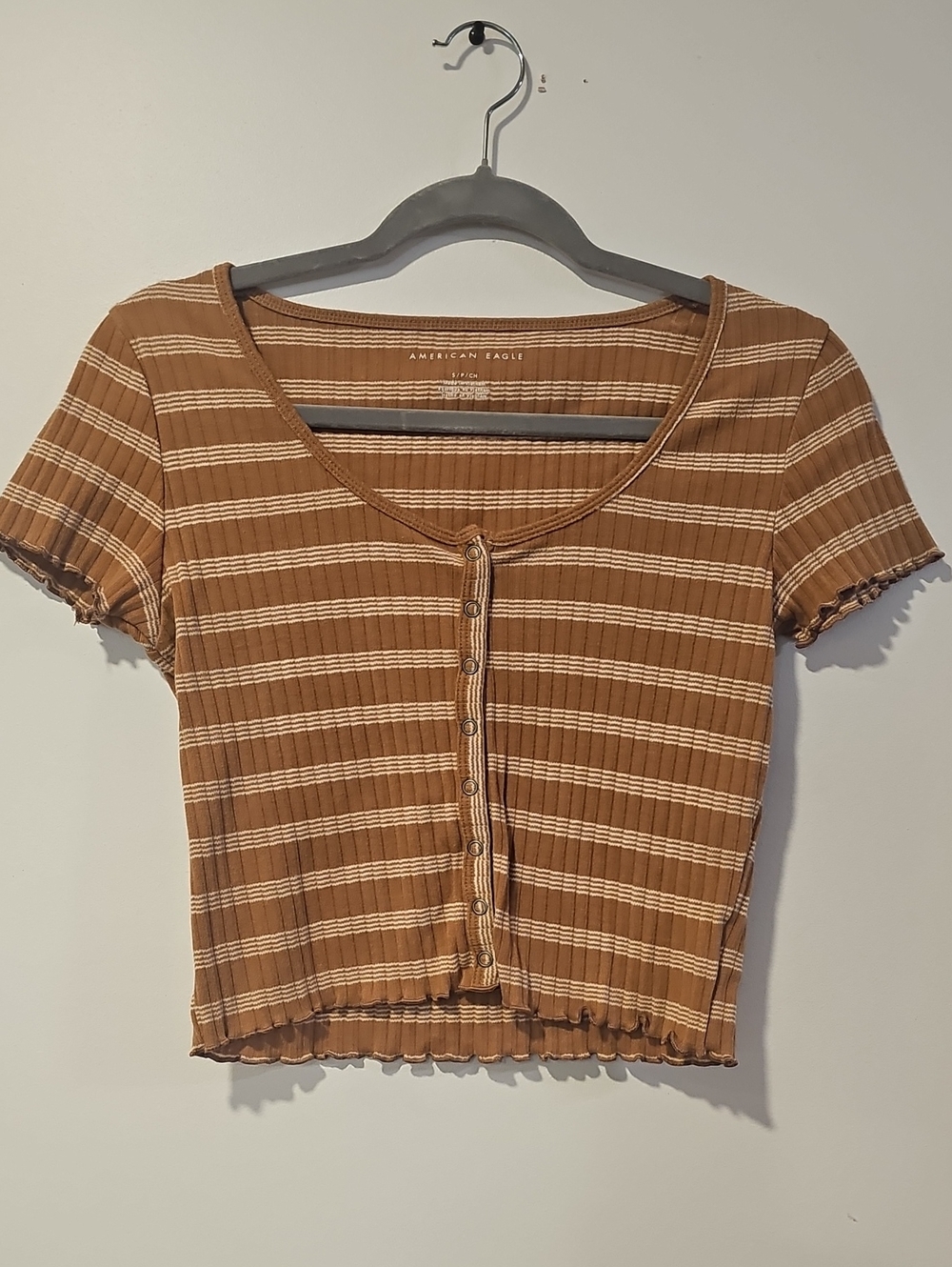 American Eagle Outfitters Brown and Cream Striped Ribbed Button-Front Crop Top